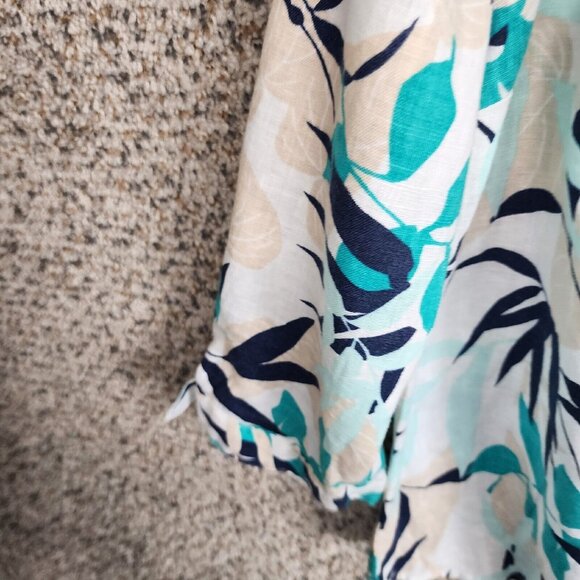 JM Collection Top Womens 16 Floral Print‎ 100% Linen Button Up Teal Collared - Picture 3 of 7